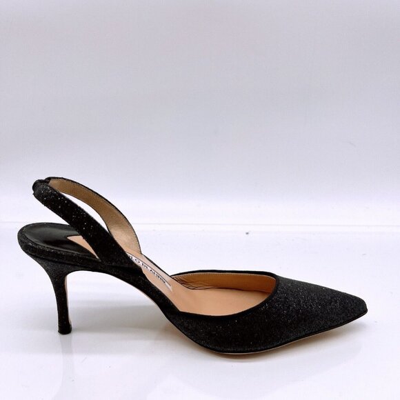 Manolo Blahnik Carolyne Low Heel Women’s Slingback Pumps Black Glitter EU 36.5 - Picture 9 of 12